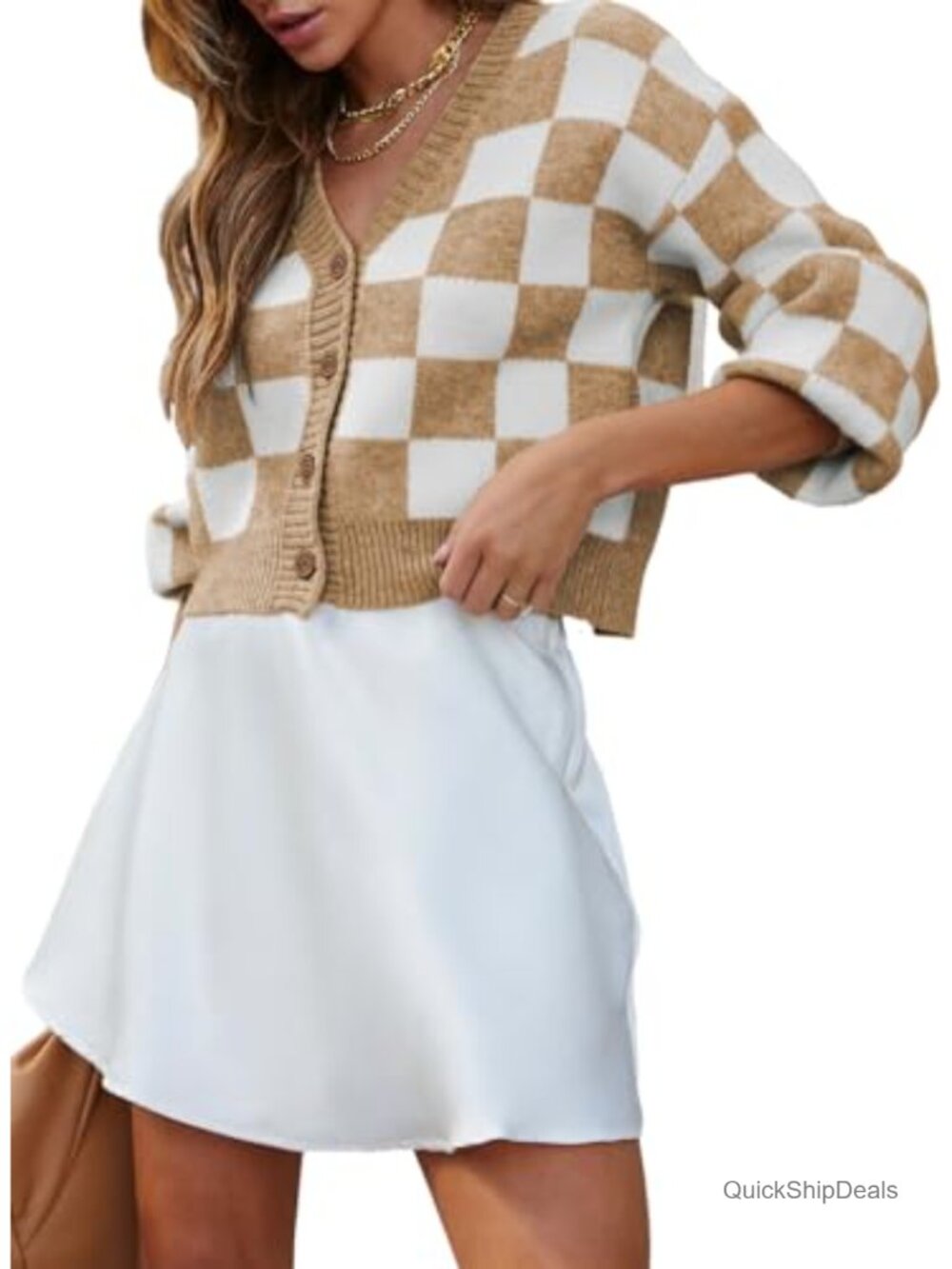 Viscose Blend Cropped Plaid Cardigan V-Neck Button Down Long Sleeve Soft Knit